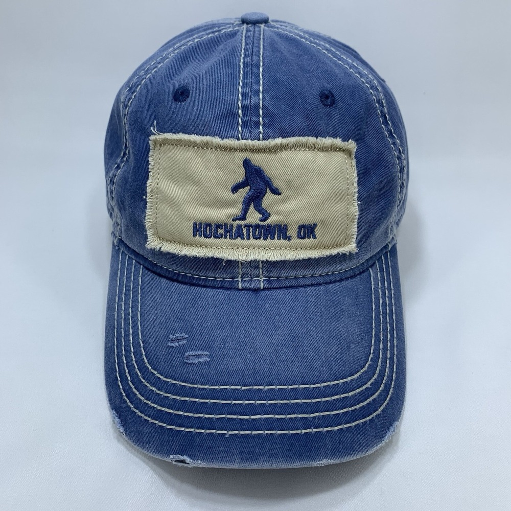 Hochatown OK Hat Bigfoot Blue Denim Distressed Ladies Fit Adjustable Outdoor Cap